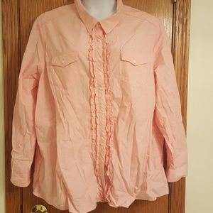 Pink and white striped long-sleeve ruffle shirt 4X